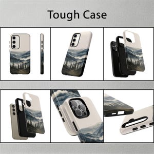 May include: A tough case for a smartphone with a watercolor design of a mountain range. The case is shown in multiple angles and configurations.