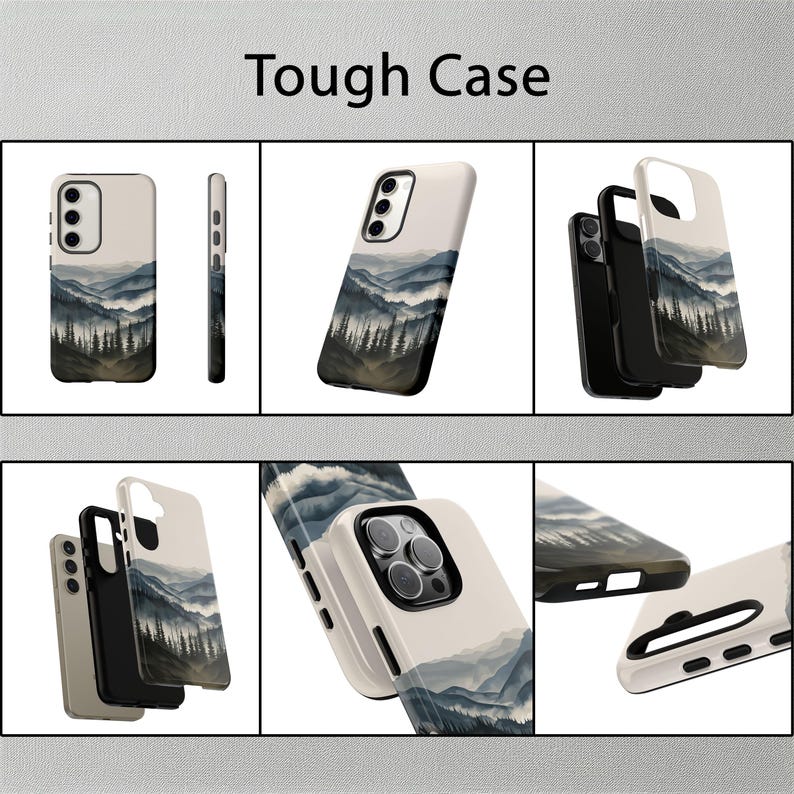 May include: A tough case for a smartphone with a watercolor design of a mountain range. The case is shown in multiple angles and configurations.