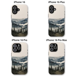 May include: Four phone cases with a misty mountain landscape design. The cases are for iPhone 16, iPhone 16 Plus, iPhone 16 Pro, and iPhone 16 Pro Max.