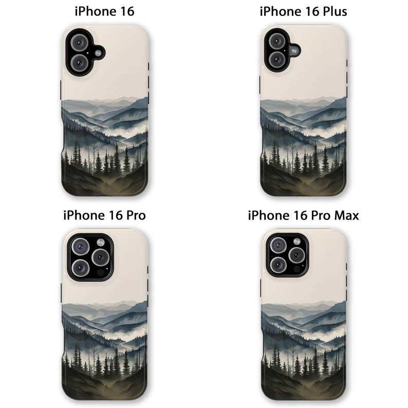 May include: Four phone cases with a misty mountain landscape design. The cases are for iPhone 16, iPhone 16 Plus, iPhone 16 Pro, and iPhone 16 Pro Max.