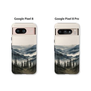 May include: Two phone cases with a mountain range and forest scene. The case on the left is for the Google Pixel 8 and the case on the right is for the Google Pixel 8 Pro.