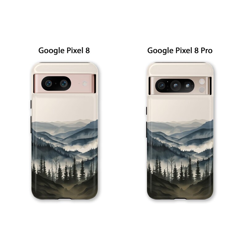 May include: Two phone cases with a mountain range and forest scene. The case on the left is for the Google Pixel 8 and the case on the right is for the Google Pixel 8 Pro.