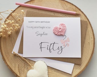Personalised 50th Daughter in Law Birthday Card | Handmade Crochet Heart | 50th Birthday Card For Daughter in Law, 50th Daughter in Law Card