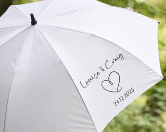 Personalised White Heart Wedding Parasol Umbrella | Mr and Mrs Umbrella | Wedding Umbrella | Couples Names and Date | Keepsake |