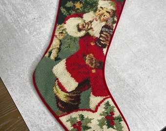 New Vintage 1997 Needlepoint tapestry Coca cola Santa and dog Christmas stocking 18" Felt backing Holiday