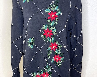 Vintage B.P. Design Christmas embellished beaded sweater poinsettia Size XL