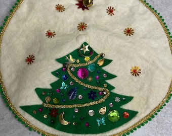 Vintage mini Christmas tree skirt 11" Holiday table decor bells