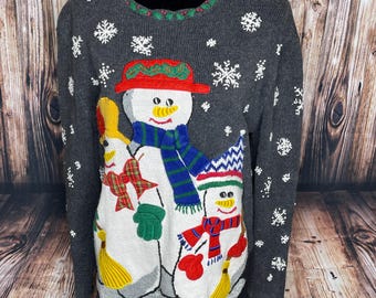 Vintage Designers originals Snowman Knit Christmas sweater pullover Size L Embroidered