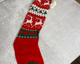 Vintage Christmas knit stocking sock 22" Reindeer trees hearts pom poms Holiday