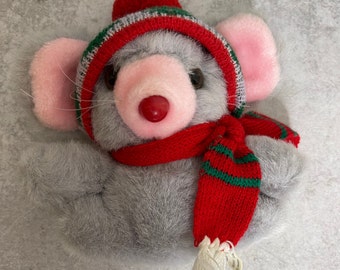 Vintage 1988 Joelson industries Small christmas plush stuffed mouse hat scarf 7"