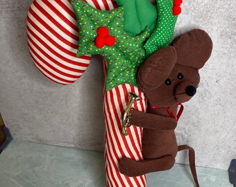 Vintage Christmas plush candy cane with mouse hanging door decoration 18"