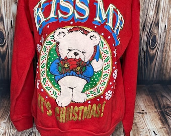 Vintage 80s MBC Kiss me It's Christmas Puffy paint teddy bear Sweatshirt pullover Sweater Red Sz L