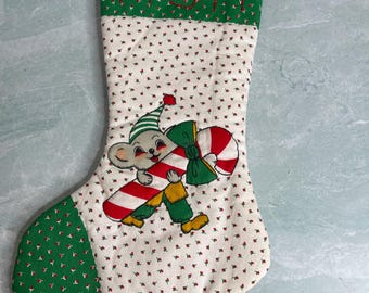 Vintage handmade quilted mouse with candy cane christmas stocking MOM 14"