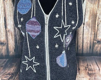 Vtg Christopher & Banks Hand embroidered Christmas vest ornaments Sz S chenille