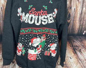 Vintage 80s Santa Mouse Christmas Puffy paint Sweatshirt pullover Sweater XL
