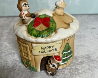 Vintage Enesco Raccoon wildlife Christmas Trinket box ceramic Happy holidays