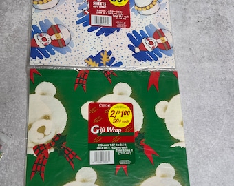 Two Vintage 1998 cleo Christmas Gift wrapping sheets gift wrap snowmen teddy bears over 20 sq ft