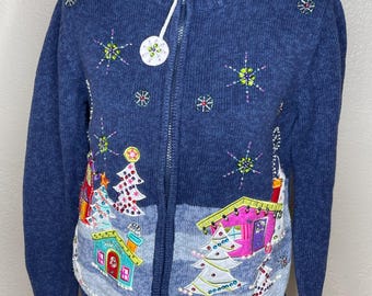 Vintage Carly St. Claire Christmas cardigan sweater embroidered Size PXL