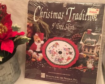 Vintage New Old Stock 1992 Christmas tradition 9" tree skirt Designs for the needle Skaters #1913
