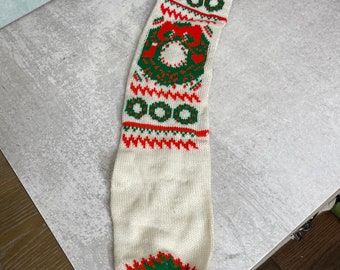 Vintage Christmas knit stocking sock 23" Wreath pom poms Holiday