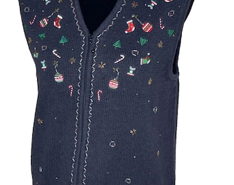 Vintage Draper's & Damon's Christmas Vest Embroidered beaded Size M Full zip
