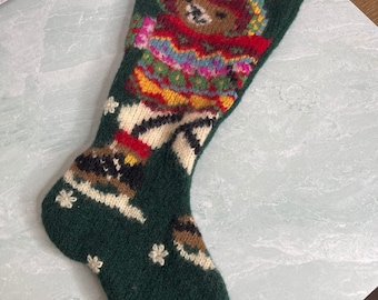 Vintage Skating teddy bear wool Christmas stocking 18"