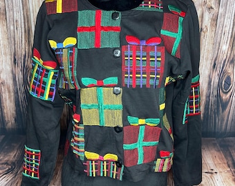 Vintage Michael Simon Lite Christmas presents Cardigan Sweater Small Embroidered