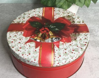 Vintage 8" Christmas Bell Red ribbon Tin container Holiday baking Gift