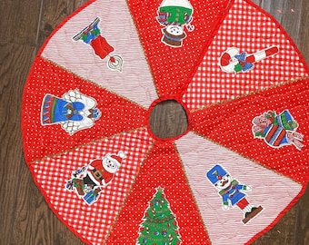 Vintage quilted Christmas tree skirt 34" red candy cane tree nutcracker soldier santa angel