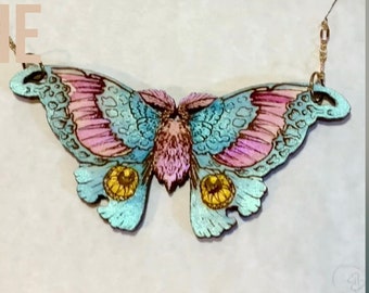 Polyphemus Moth Pendant - Hand painted white aspen TEAL