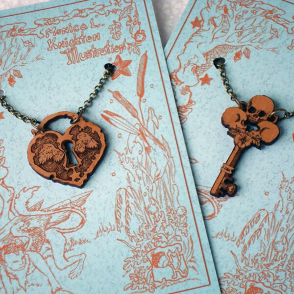 Skeleton Key and Soaring Heart Lock Pendants, companion necklaces, engraved alder wood