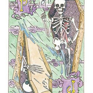 Pode incluir: Uma ilustra&ccedil;&atilde;o desenhada &agrave; m&atilde;o de um esqueleto num caix&atilde;o com um fundo roxo e verde. O esqueleto est&aacute; a usar uma fita rosa e tem uma caveira com um nariz grande. A imagem est&aacute; num estilo de desenho animado.