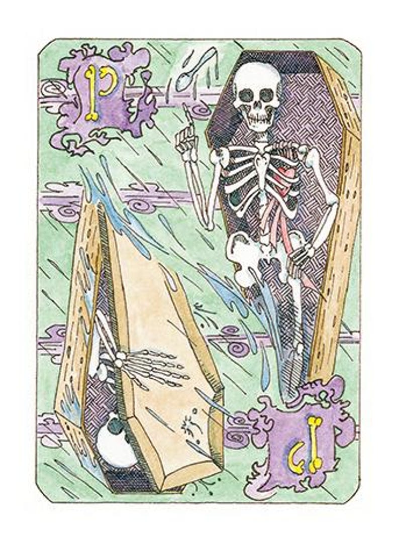 Pode incluir: Uma ilustra&ccedil;&atilde;o desenhada &agrave; m&atilde;o de um esqueleto num caix&atilde;o com um fundo roxo e verde. O esqueleto est&aacute; a usar uma fita rosa e tem uma caveira com um nariz grande. A imagem est&aacute; num estilo de desenho animado.