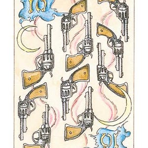 Pode incluir: Um baralho de cartas de estilo vintage com um fundo azul e branco que apresenta uma lua crescente e ossos cruzados. O cart&atilde;o representa dez rev&oacute;lveres prateados em um padr&atilde;o de redemoinho. O cart&atilde;o est&aacute; etiquetado como "10 of Swords".