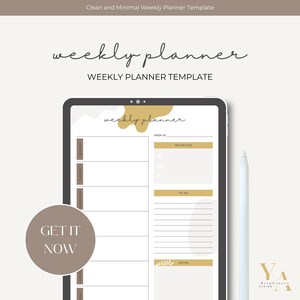 Könnte beinhalten: Eine digitale Wochenplaner-Vorlage mit minimalistischem Design. Die Vorlage bietet einen großen Bereich für tägliche Aufgaben, einen Abschnitt für Prioritäten, eine To-Do-Liste und einen Notizbereich. Die Vorlage soll Benutzern helfen, organisiert zu bleiben und ihre Ziele zu erreichen.