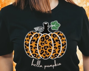Leopard Hello Pumpkin Fall T-shirt, Thanksgiving, Customizable, Cute Autumn Spice Fall Y'all Shirt, Plus Size Unisex Jersey Short Sleeve Tee