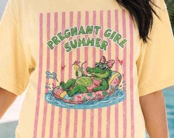 Pregnant Girl Summer Shirt, Funny Pregnancy Announcement Tee, Retro Preppy Stripes Alligator Beach Vacation Comfort Colors Mom To Be Gift