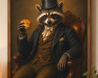 Dapper Raccoon Art Print, Victorian Animal Portrait Wall Art, Moody Cabin Decor, Dark Academia Poster, Whimsical Cottagecore Woodland Art