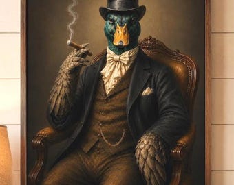 Lake House Mallard Duck with Cigar Poster, Victorian Animal Portrait Wall Art, Moody Cabin Decor, Dark Academia Print, Antique Wildlife