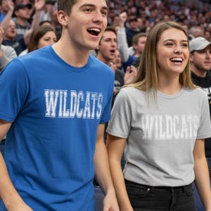 May include: Two people wearing t-shirts with the word "WILDCATS" in white block letters. One shirt is blue, the other is gray. They are in a crowded arena, likely at a sporting event, with many people in the background.