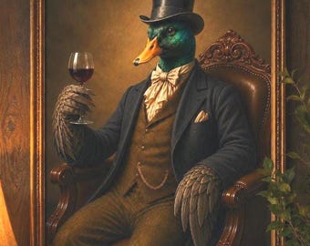 Lake House Mallard Duck Drinking Wine Poster, Victorian Animal Portrait Wall Art, Moody Cabin Decor, Dark Academia Print, Antique Wildlife