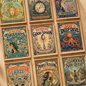 May include: A collection of nine framed art prints featuring intricate, colorful illustrations and typography. Each print displays unique themes like The Masking Complex, The Activation Freeze, Info-Dumping, Racing Thoughts, Honor the Good Spoon, The Joy of the Deep Dive, The Hyperfixation Haze, The People-Pleasing Pageant, and The Glorious Side Quest.
