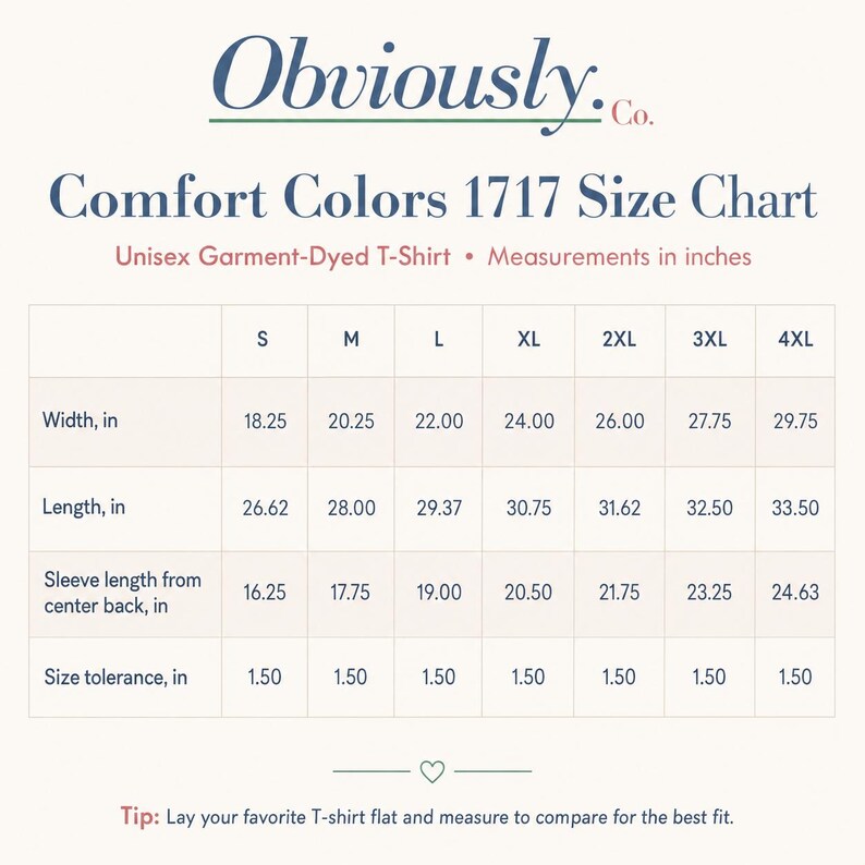 Może przedstawiać: Tabela rozmiar&oacute;w Comfort Colors 1717 dla unisexowych koszulek barwionych w odzieży. Tabela pokazuje wymiary w calach dla szerokości, długości i długości rękawa, od rozmiaru S do 4XL. Tekst "Obviously.Co" znajduje się u g&oacute;ry.