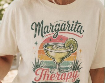Koszulka z nadrukiem „Sesja terapii Margarity” w kolorach Comfort, koszulka retro z motywem letnich wakacji na plaży, zabawna koszulka dla dziewczyn na wycieczkę, prezent dla miłośnika tequili