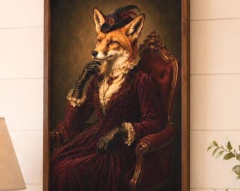 Victorian Fox Art Print, Woodland Animal Portrait Wall Art, Moody Cabin Decor, Dark Academia Poster, Whimsical Cottagecore Lake House Art
