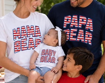 Patriotic Family Matching 4th of July TShirts, 2026 America 250 Tee, Stripes Independence Day Shirt, Papa Mama Little and Baby Bear Gift