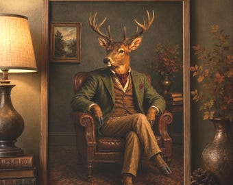 Victorian Deer Art Print, Woodland Animal Portrait Wall Art, Moody Cabin Decor, Dark Academia Poster, Whimsical Cottagecore Lake House Art