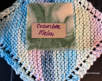 Cucumber Melon /vegan soap/ Olive Oil Soap with Knitted Washcloth