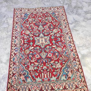 Vintage 4x6 Wool Persian Rug: Red & Blue Boho Decor (4&#39;1&quot;x6&#39;5&quot; ft)