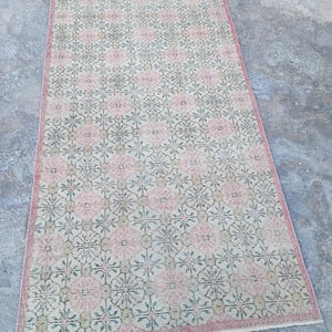 4x7 Vintage Turkish Oushak Rug: Muted Floral Wool